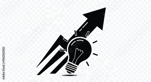 A compelling black and white illustration depicts a bright lightbulb, symbolizing a powerful new idea, dynamically integrated with a sharply ascending arrow, visually representing robust business.