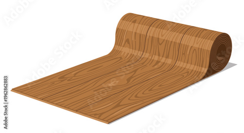 A section of rolled-up wood-patterned flooring, possibly linoleum or vinyl, partially unrolled on a surface.