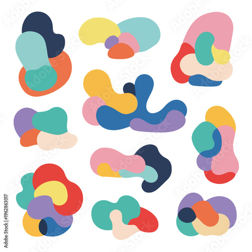 Nine colorful abstract shapes with overlapping, organic forms on white
