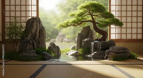 Tranquil Japanese Zen garden scene featuring a meticulously shaped bonsai tree, artfully arranged rocks, and a calm water feature, bathed in soft sunlight.