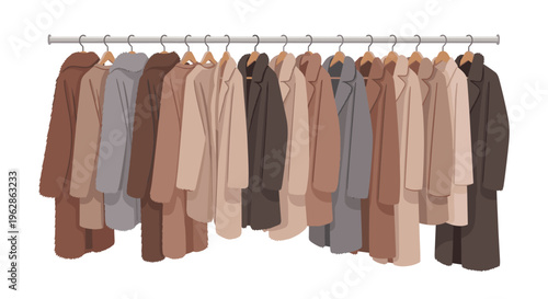 Various long winter coats in earthy tones hang on a metal clothing rack with wooden hangers against a white background.