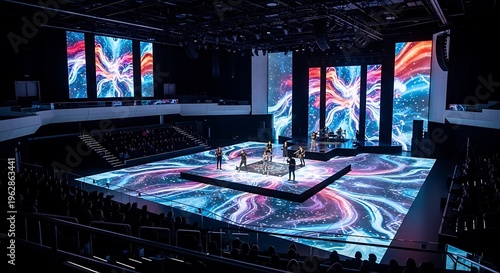 Expansive concert stage illuminated by dynamic LED screens displaying abstract colorful patterns, with performers visible on the central platform.