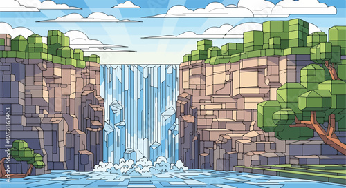 A cartoon waterfall flows between rocky cliffs and verdant trees