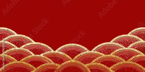 Elegant red background with repeating golden wave and sparkle patterns