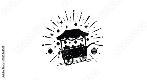 Charming black and white street vendor cart illustration features decorative scalloped awning and sparkling bursts emanating from its center against a clean white backdrop.