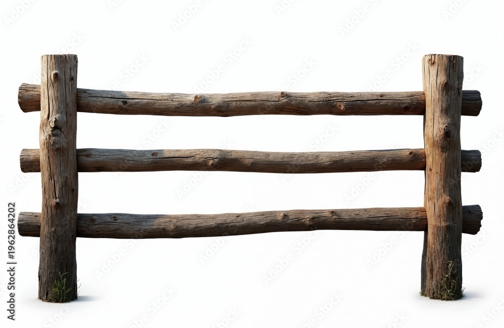 Obraz premium Rustic wooden fence with three horizontal rails, vertical posts. Natural timber construction creates rustic boundary for rural property. Useful for country, ranch farm concepts. Natural wood material.