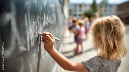 Child drawing on blackboard outside school.