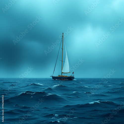 A lonely sailboat on a stormy sea.