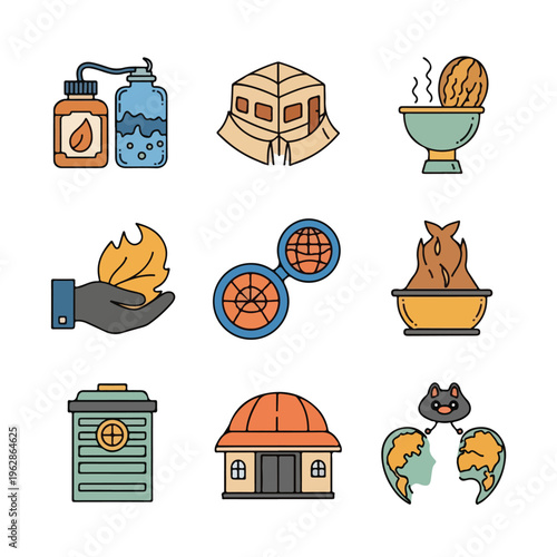 Nine colorful illustrated icons of various objects on a white background
