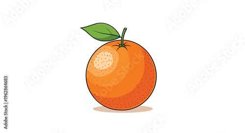 Vibrant illustration of a single ripe orange with its green leaf and stem isolated on a plain white background for design use.