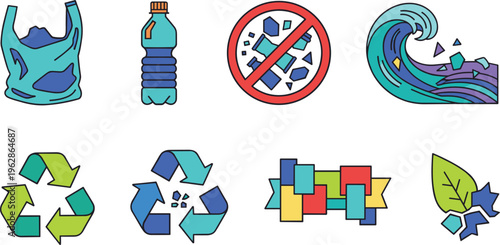 Plastic pollution vector icon set with recycling symbols ocean waste awareness elements eco friendly collection isolated design