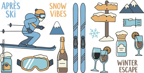 Apres Winter Ski Resort Playful Snow Holiday, Illustration Cartoon Collection