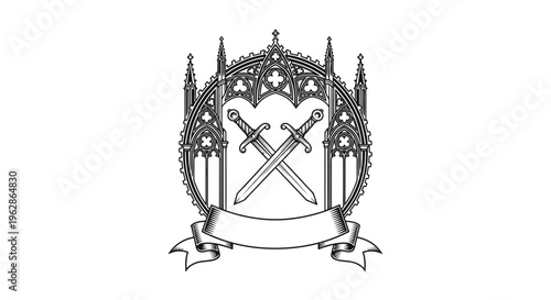 Medieval Heraldry Emblem with Crossed Swords and Gothic Arch