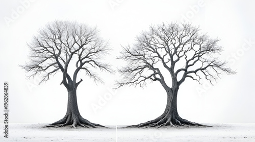 Doubleness Concept. Dead Tree and Living Tree on Opposite Sides, White Background