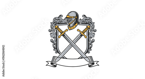 Medieval Heraldry Emblem with Crossed Swords and Knight's Helmet