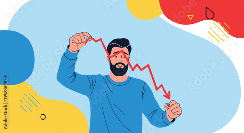 Stressed man in a blue shirt reacting to a falling red arrow graph representing financial loss or failure against an abstract backdrop.
