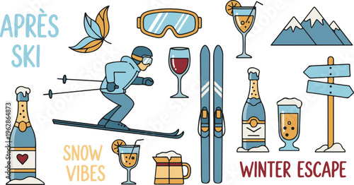 Apres Winter Ski Resort Playful Snow Holiday, Illustration Cartoon Collection
