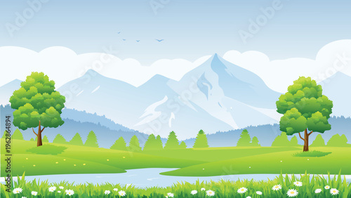 A peaceful landscape featuring green fields a river and distant mountains