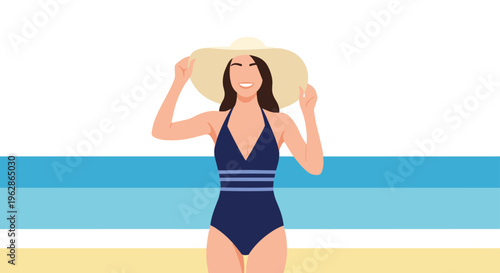 Smiling woman in a navy swimsuit and large floppy sun hat posing in front of a simplified beach and ocean background illustration.
