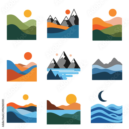 Nine flat landscape illustrations featuring mountains, seas, and sunsets