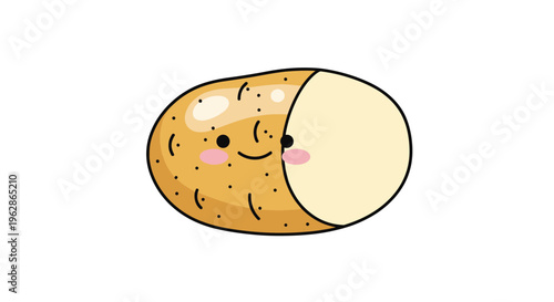 Cute cartoon potato character with a friendly smiling face and pink cheeks shown as a whole and a sliced half side.