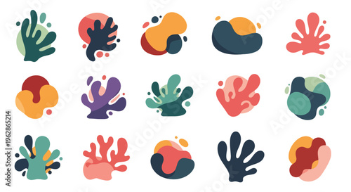 Vibrant abstract shapes in various colors and organic forms arranged neatly