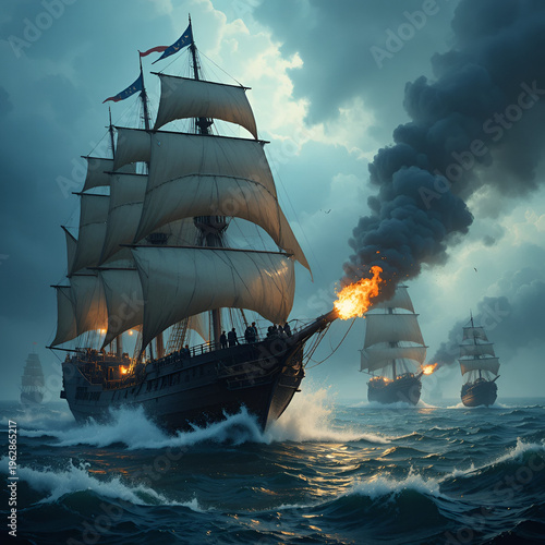 Epic Pirate Ship Battle: Stormy Seas, Cannon Fire, Dramatic Showdown!