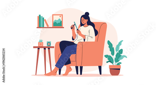 Relaxed woman sitting in a comfortable armchair while using her digital tablet in a cozy, minimalist living room setting.