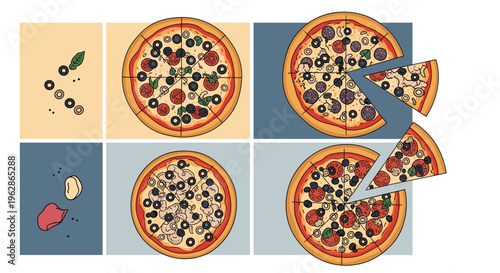 Detailed infographic showing different types of delicious pizzas with various fresh toppings like olives and mushrooms.