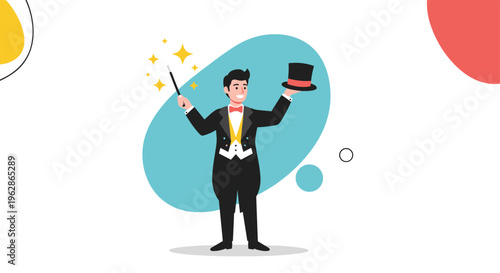 Professional magician wearing a classic tuxedo and red bow tie performs a mysterious trick with a magic wand and a black top hat.