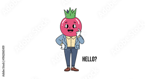 Whimsical character with a large tomato head wearing a stylish blue suit stands and asks a question with the text hello nearby.
