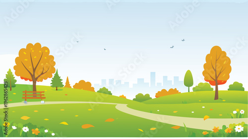 A peaceful autumn park scene with a winding path and city skyline