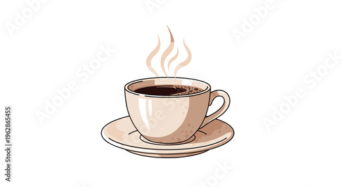 Steaming cup of dark hot coffee served on a matching beige ceramic saucer with delicate aroma wisps rising from the liquid surface.