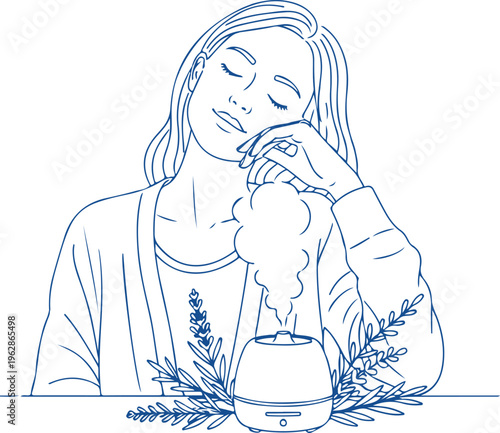 Woman relaxing with essential oil diffuser and lavender, minimalist monoline vector illustration.