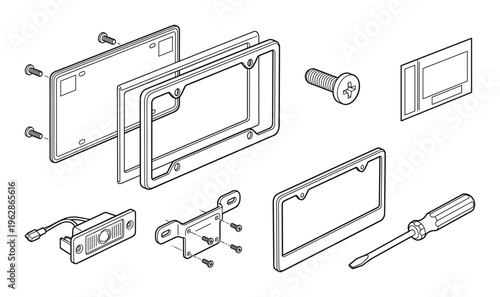 License plate frames and mounting hardware set line vector illustration isolated on background