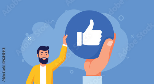 Happy bearded man in a yellow cardigan stands next to a giant hand holding a blue thumbs up icon for social media engagement.