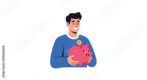 Smiling man in a blue sweatshirt holds a pink piggy bank to represent personal savings, banking, and smart financial planning habits.