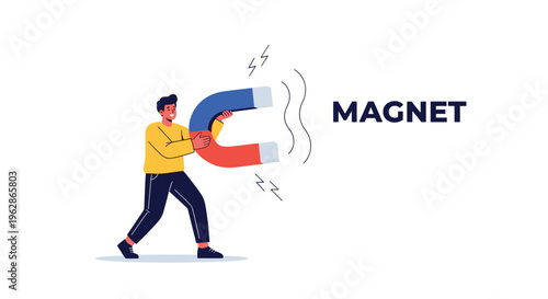 Strong man in a yellow sweater pulls a giant horseshoe magnet to attract success, wealth, and positive results in his business career.