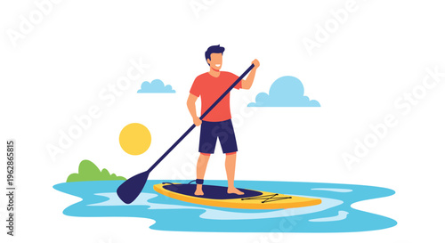 Active man enjoys a sunny day while stand up paddleboarding on bright blue water with small clouds and a sun in the background.