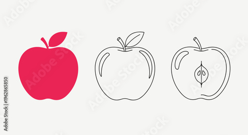 Three distinct icons of a ripe red apple including a solid red shape, a line drawing, and a cross-section showing seeds in the middle.