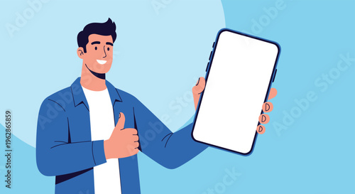 Happy man in a blue denim shirt holds up a large smartphone with a blank white screen and gives a positive thumbs up to the viewer.