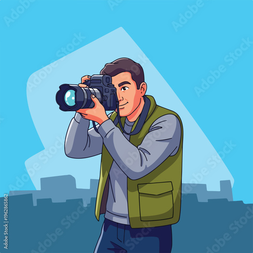A cartoon photographer is using a camera, in front of a blue background