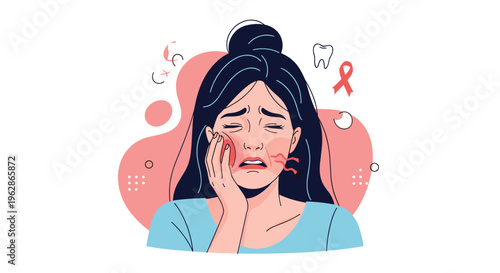 Distressed young woman suffers from a severe toothache while dental health icons and a red awareness ribbon appear in the background.