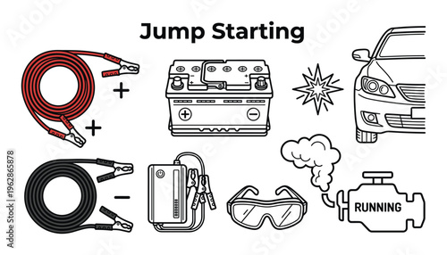 Jump starting car battery equipment with booster cables portable power pack and safety goggles icons