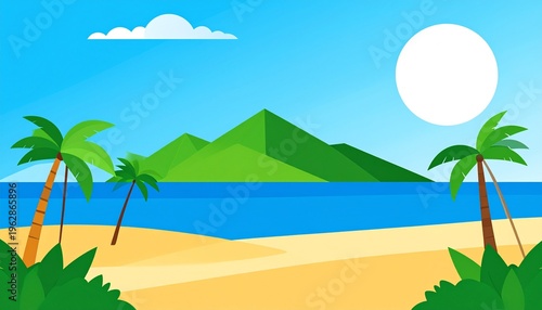 Tropical Island Beach Landscape Illustration with Palm Trees