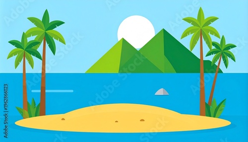 Tropical Island Beach with Palm Trees and Mountains Flat Illustration Background