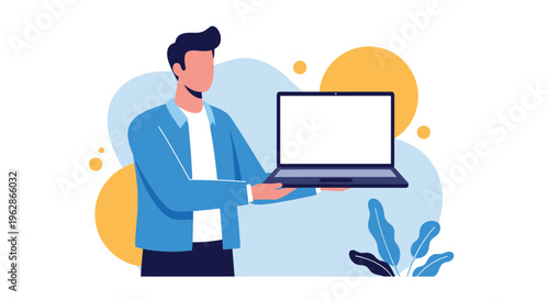 Professional man presenting a laptop with a white blank screen for digital content placement on abstract background.