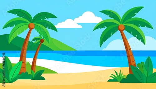 Sunny Tropical Paradise Beach with Palm Trees and Ocean Illustration