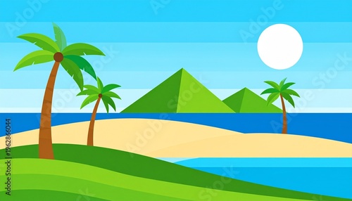 Minimalist flat design tropical beach landscape with palm trees and sun