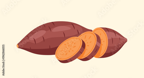 Fresh whole sweet potato and several round slices arranged together to show the vibrant orange flesh of the vegetable.